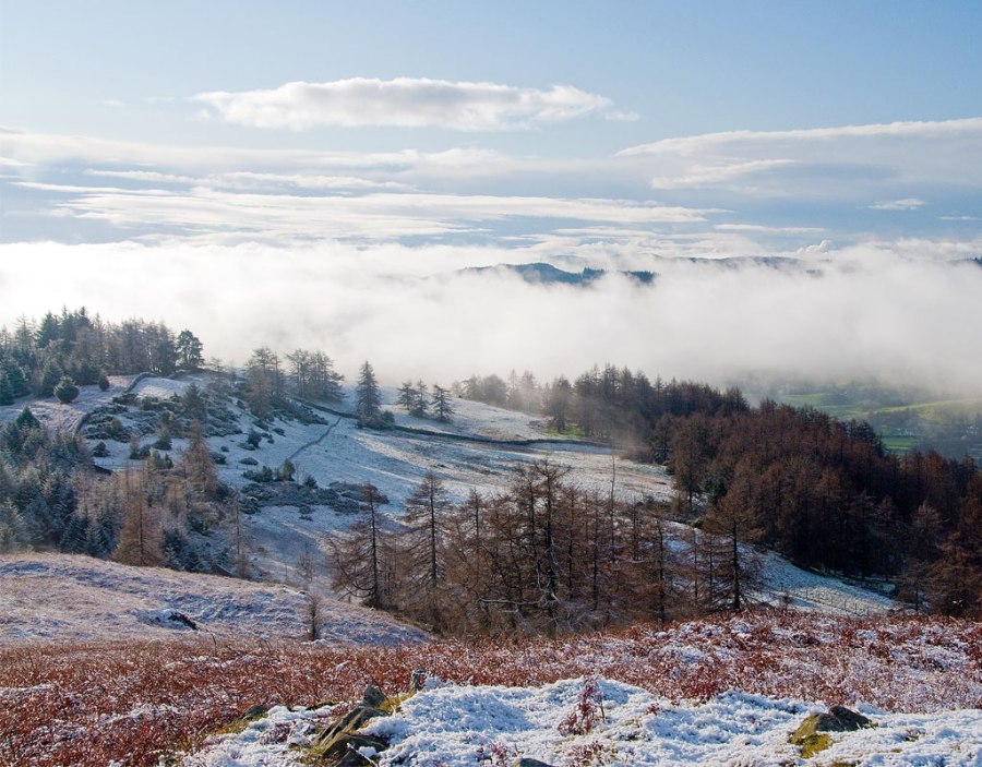 Snow covered landscape on Latterbarrrow walk, Lake District