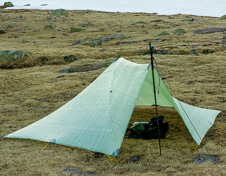 Mountain Laurel Designs Duomid Silnylon pyramid tent, green, pitched