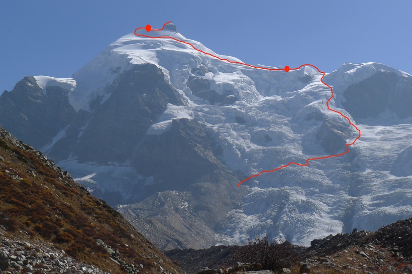 Line shows the route of descent from Sersank with blobs being bivouacs