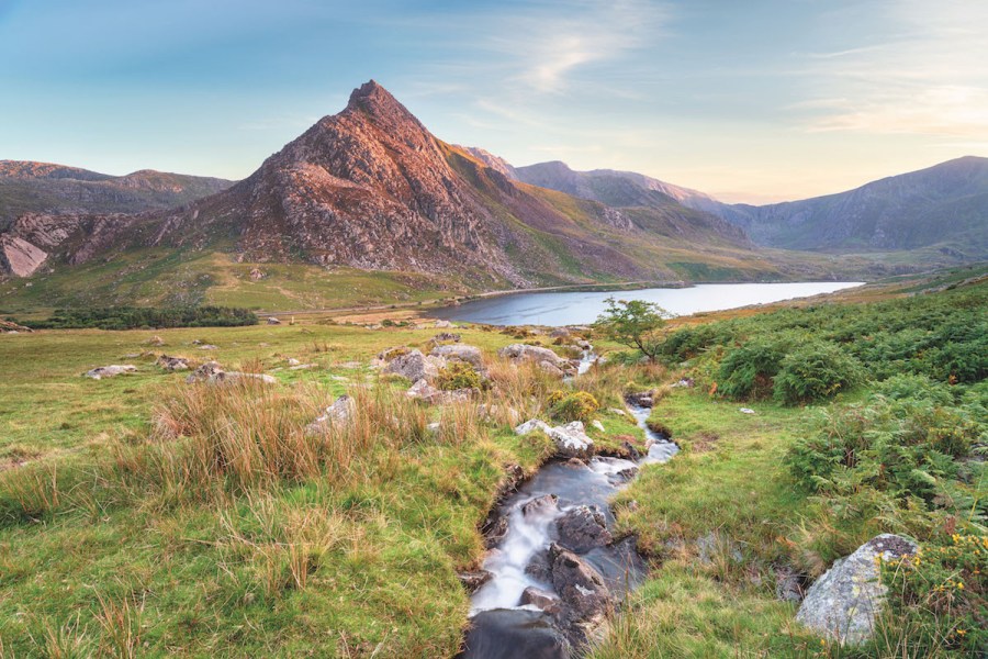 View from a stream which runs into the lake below Tryfan, Snowdonia