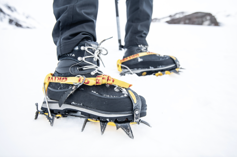 Professional mountaineering boot testing showing various B1 models in winter conditions