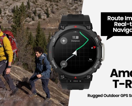 Amazfit T-Rex 2 Rugged Outdoor Smartwatch (single) with two men walking up an incline