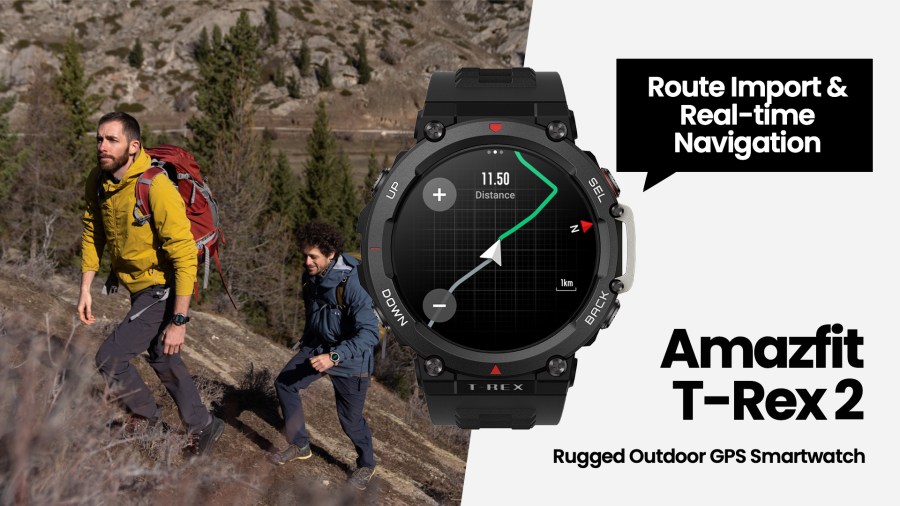 Amazfit T-Rex 2 Rugged Outdoor Smartwatch (single) with two men walking up an incline