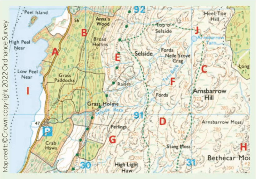 OS map showing features like roads and paths