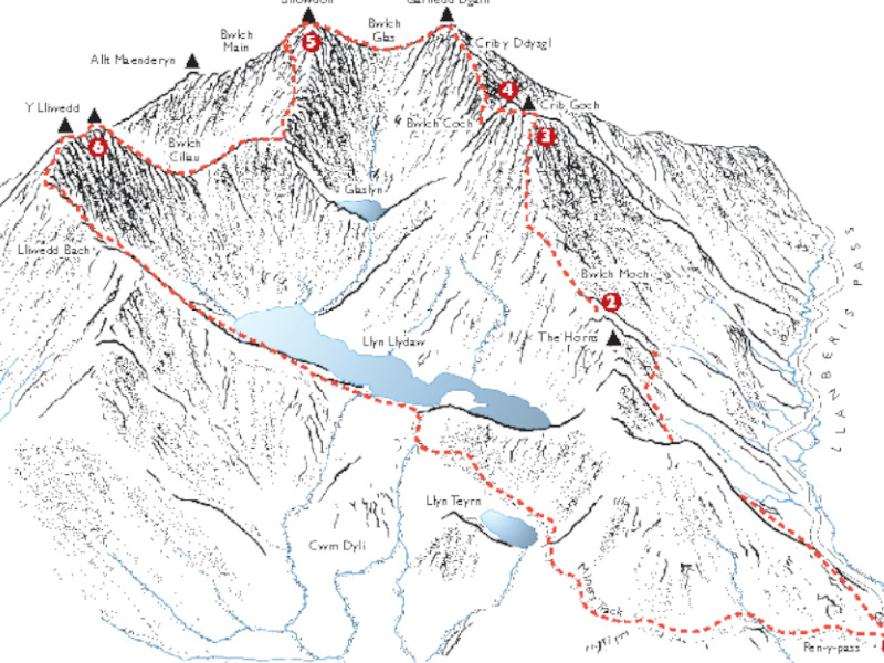 an illustration of the Snowdon Horseshoe route