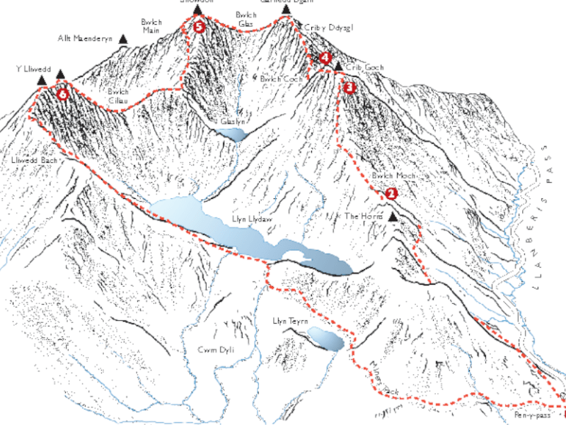 an illustration of the Snowdon Horseshoe route