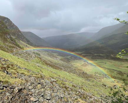 Rolling hills with a rainbow connecting across to either side