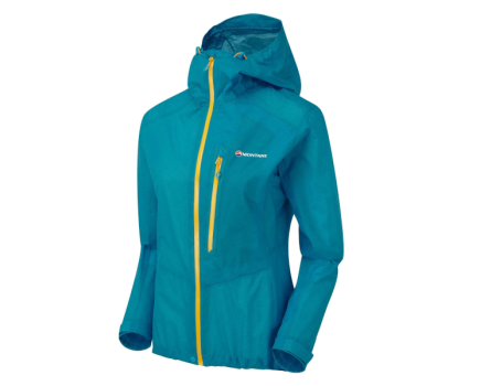 Blue lightweight waterproof with montane branding on chest