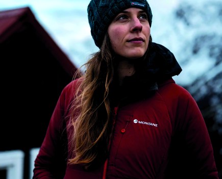 Women with red synthetic insulated jacket