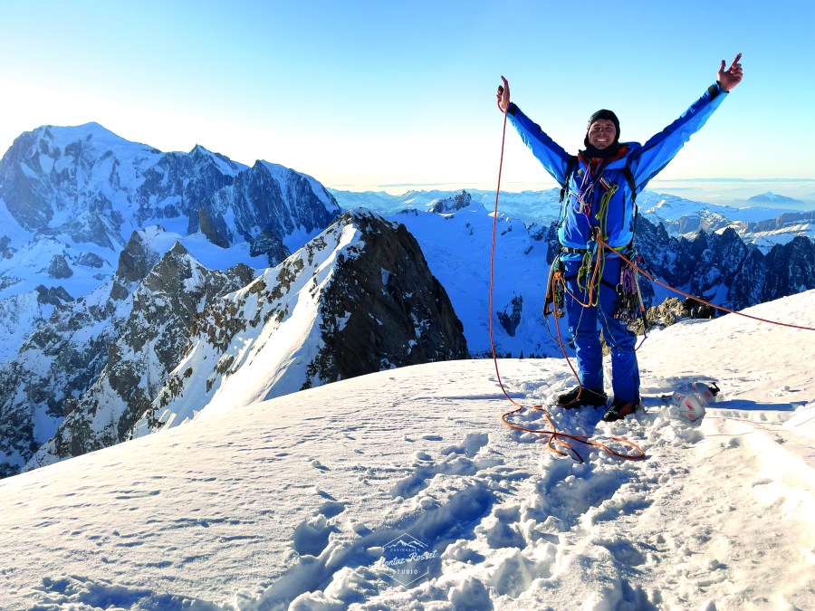 Charles Dubouloz on the summit of Grandes Jorasses, in the Mont Blanc massif, during the filming of 'From the shadows into the light'