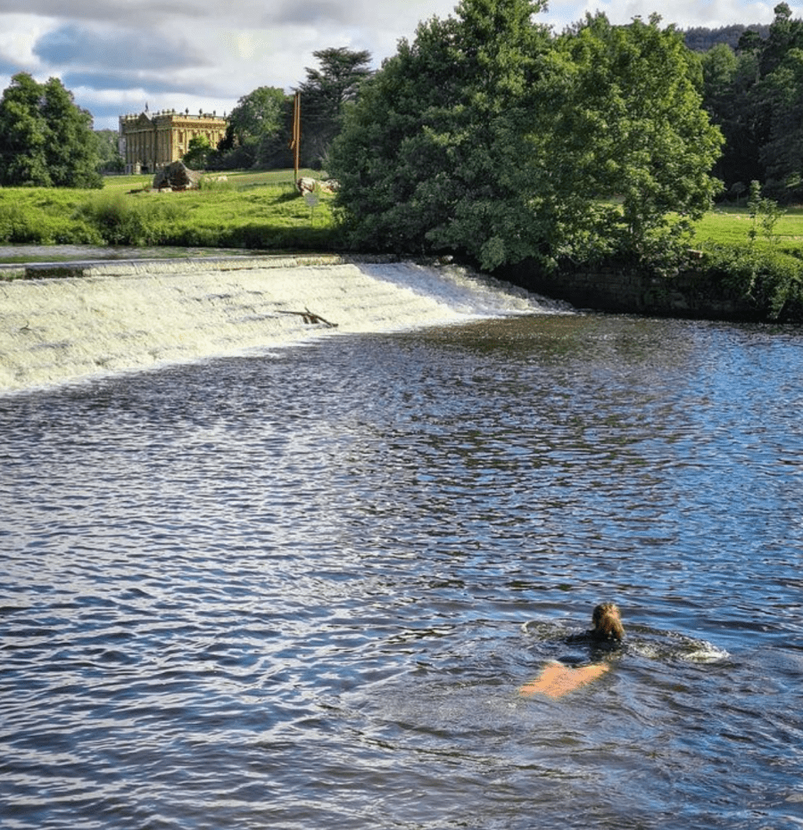 A woman swimming by Chastwroth weir.