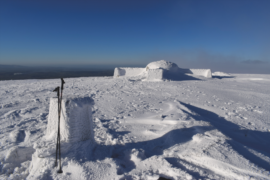 Cross Fell trig and frozen wind shelter