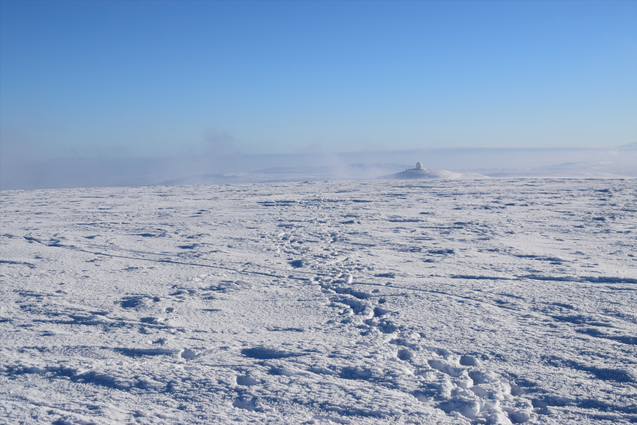 View from Cross Fell summit to radar dome on Great Dun Fell