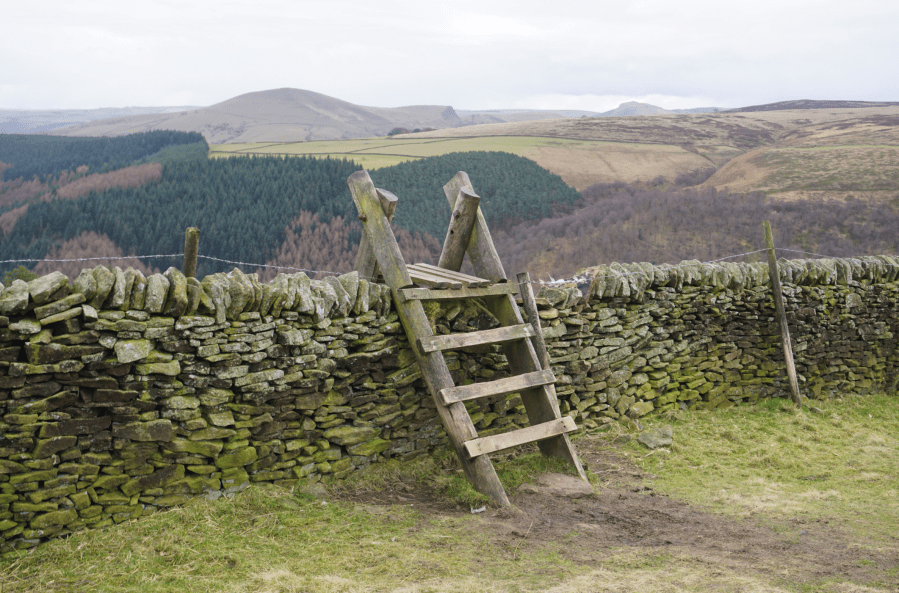 A stile with views over to Lose Hill and Mam Tor on the Alport Castles hike