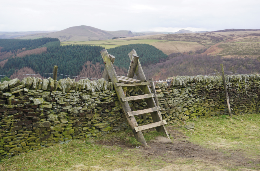 A stile with views over to Lose Hill and Mam Tor on the Alport Castles hike