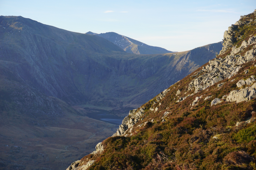 The first glimpse of Yr Wyddfa on the ascent of Pen yr Ole Wen.jpg