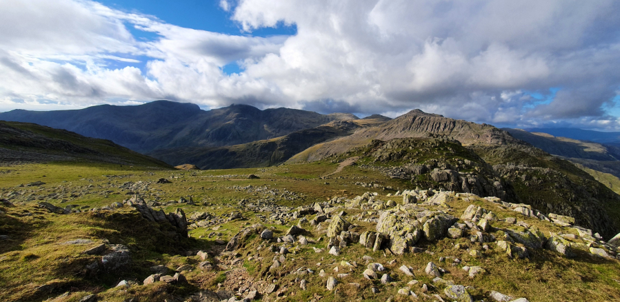 The Scafells and Bowfell from the summit ridge after the Crinkle Gill scramble