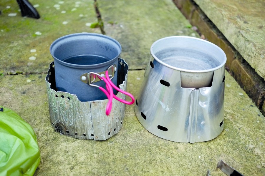 cooking in camp 6 - Two types of alcohol stove – Trail Designs Ti-Tri on right