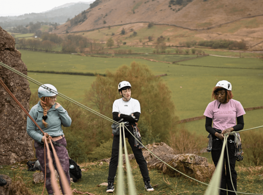 Women climbing on the Intro to Trad course at the Arc'teryx Academy in the Lake District