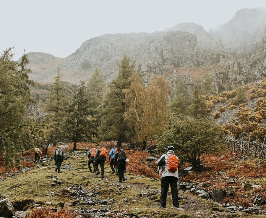 Walking up to Raven Crag in the Langdales at the Arc'teryx Climbing Academy.