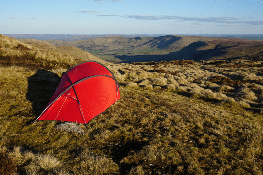 A Kinder Low wild camp above the Edale valley. Wild camping for beginners in the Peak District