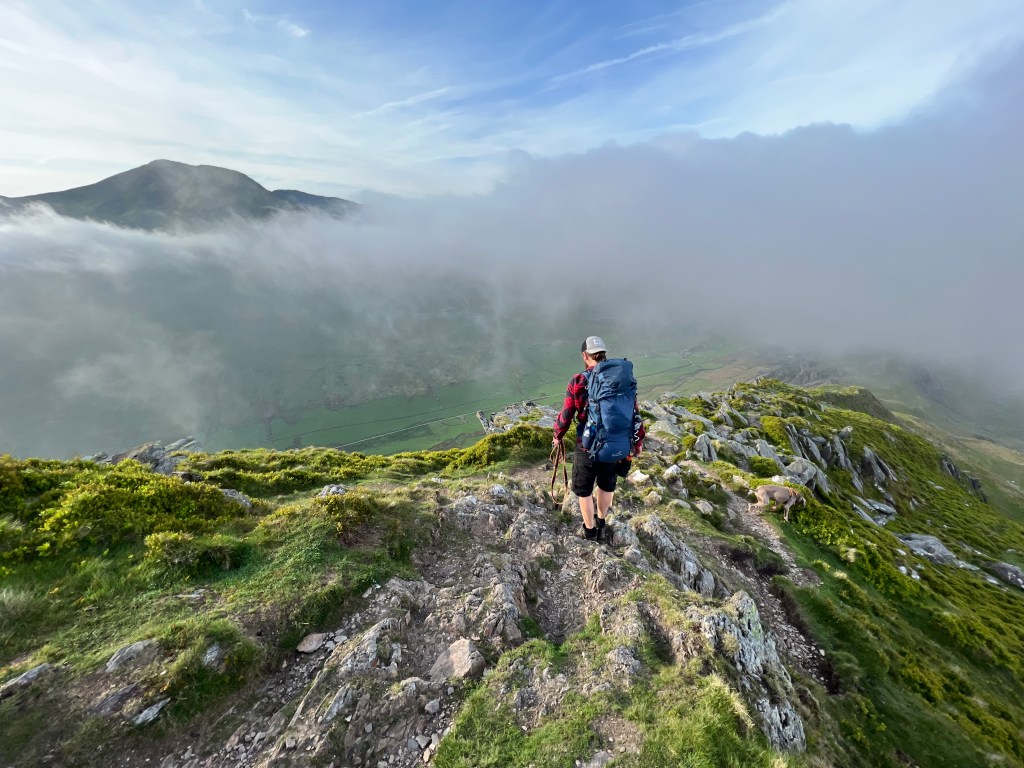 Further along the descent with Moelwyn Mawr poking out from behind the clouds.