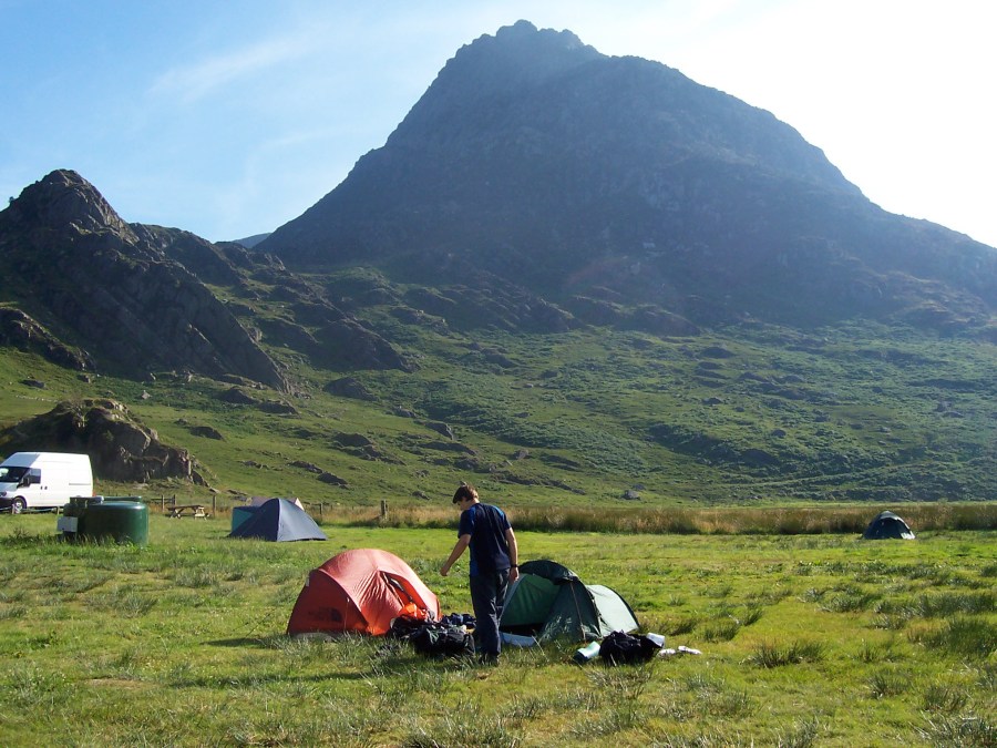 Camping at Gwern Gof Uchaf with Tryfan in the background on the Snowdonia Slate Trail