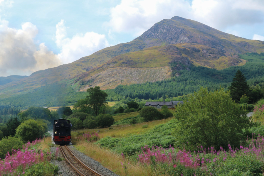 Beddgelert - The Welsh Highland Railway with Moel Hebog behind.jpg