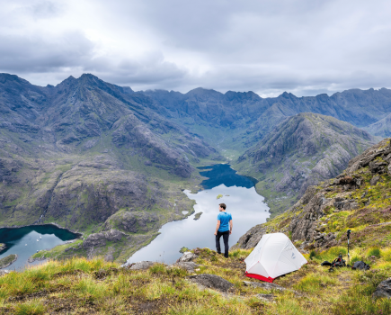 A bright morning on Sgurr na Stri overlooking the water on a sea to summit