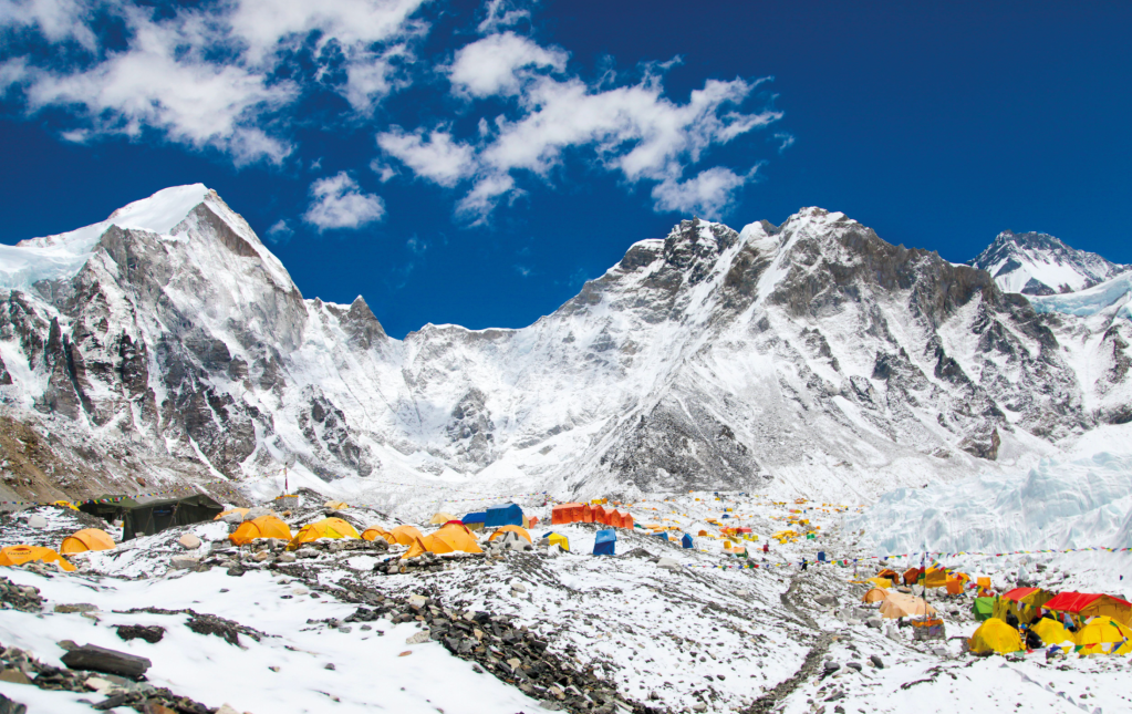 Bright yellow tents in Mount Everest base camp, Khumbu glacier