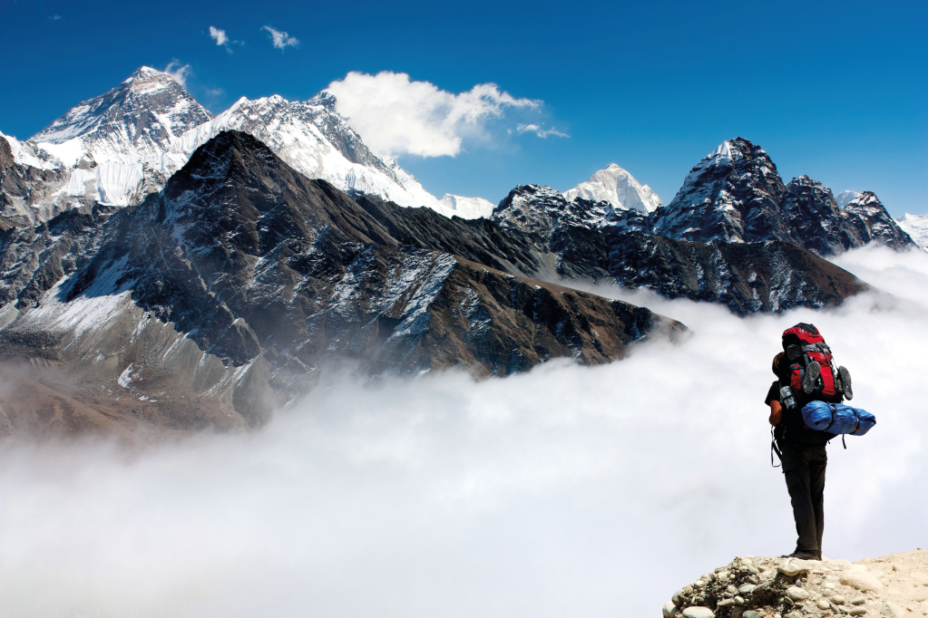 view of Everest from Gokyo Ri with tourist on the way to Everest base camp - Nepal