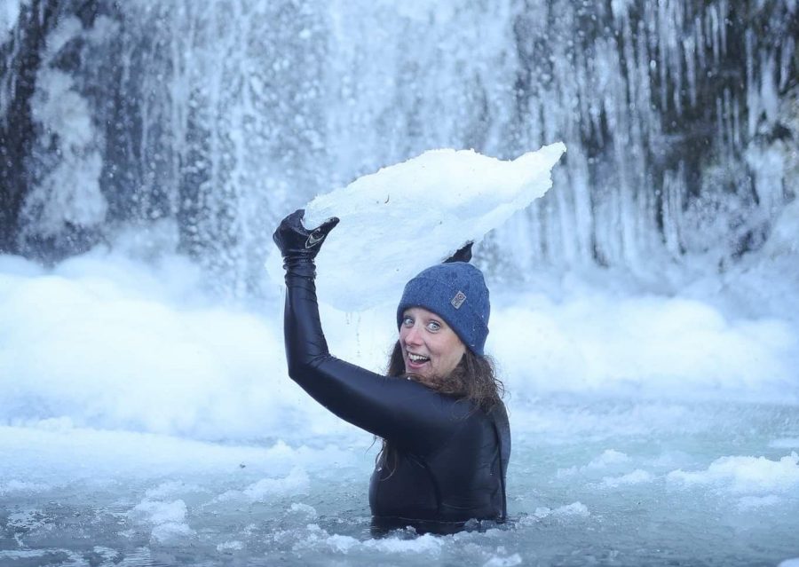 Vicki McCreadie in a frozen waterfall