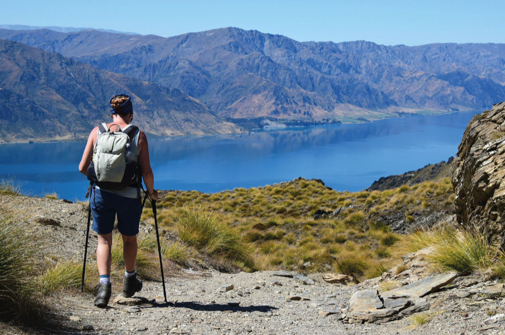 Over looking Lake Hawea, hiking back down Mount Isthmus, South Island, New Zealand