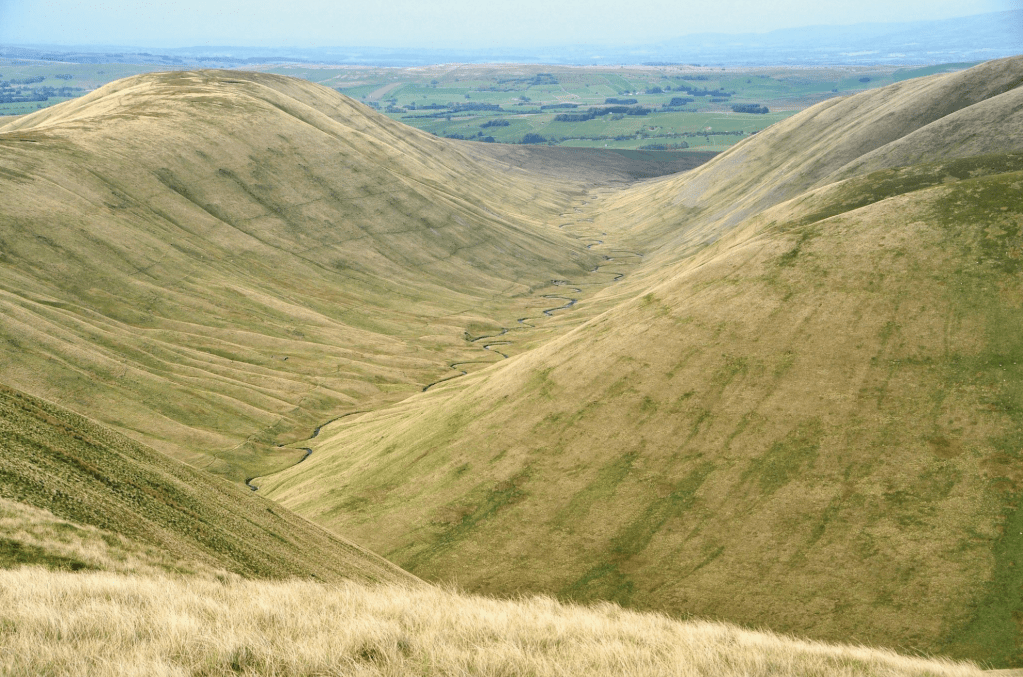 The Calf via the x keys. Photo 1: View looking north from Yarlside to the long glaciated valley of Bowderdale 