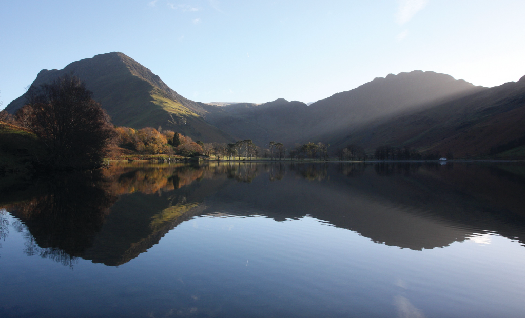 Fleetwith Edge, left, and Hay Stacks reflected in Buttermere, as seen from the shore path at the start of the Gatesgarth Round