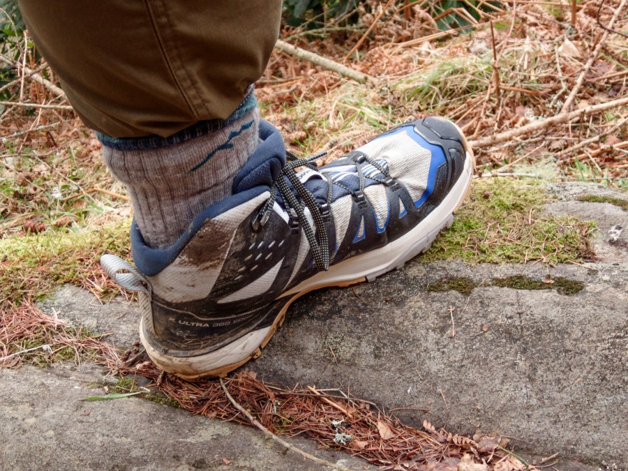 The white uppers of the Salomon X Ultra 360 Edge Mid are difficult to keep clean! Credit: Alex Roddie
