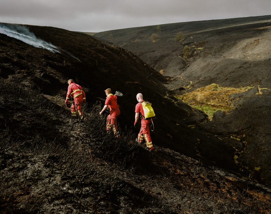 Firefighters from Cheshire Fire and Rescue service continue to work to tackle a large moorland fire near Errwood Reservoir in the Goyt Valley, near Buxton in the Peak District. Derbyshire, England. 3rd May 2025.
