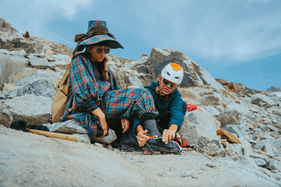 Testing out the hobnail boots in modern crampons, not quite ready to let go of the modern sunglasses yet during training, credit Grace Taylorson Smith Pritchard