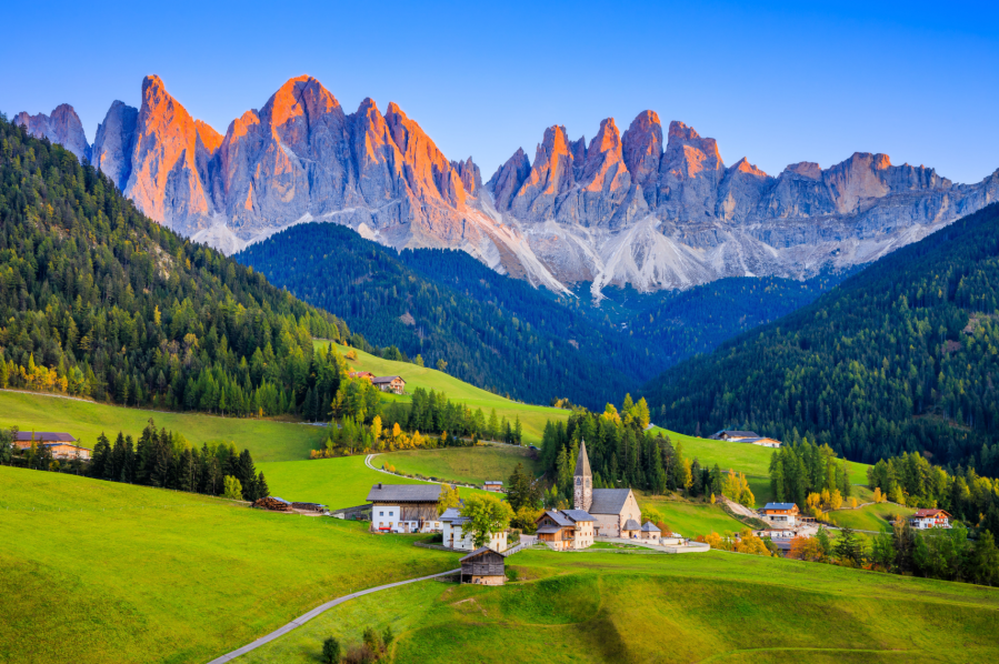 2. Dolomites_Santa_Maddalena_Val_di_Funes_Village_and_Mountain_View_at_Sunset