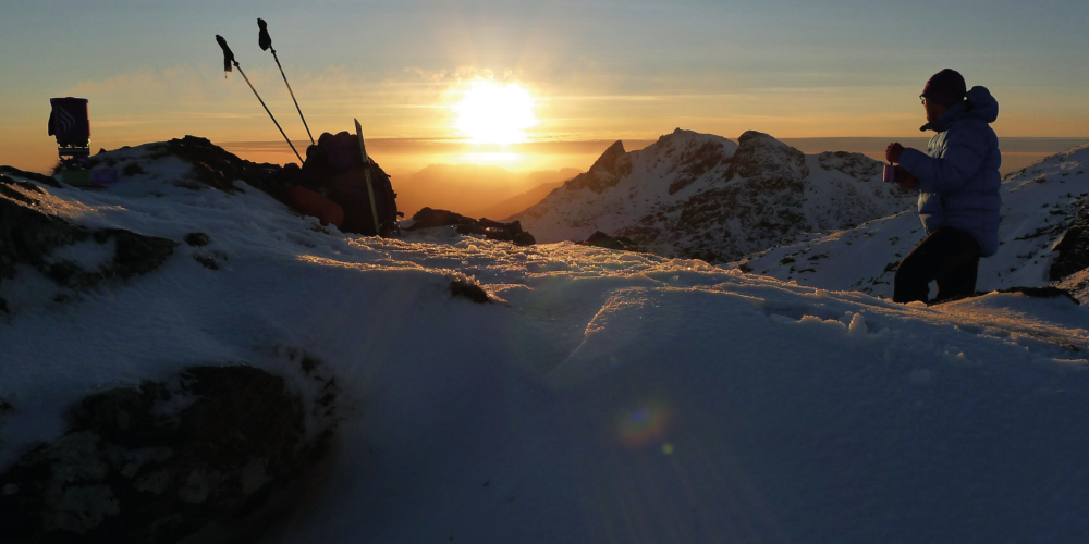 Mammut insulated jacket and brew on for sunset. Credit: Peter MacFarlane