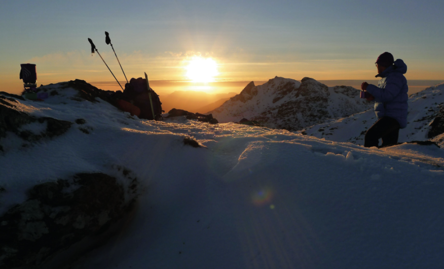 Mammut insulated jacket and brew on for sunset. Credit: Peter MacFarlane