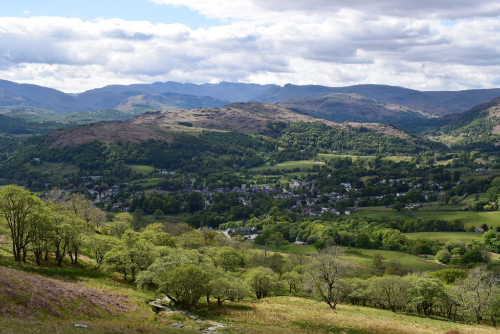 Views of Ambleside town centre from Wansfell Pike