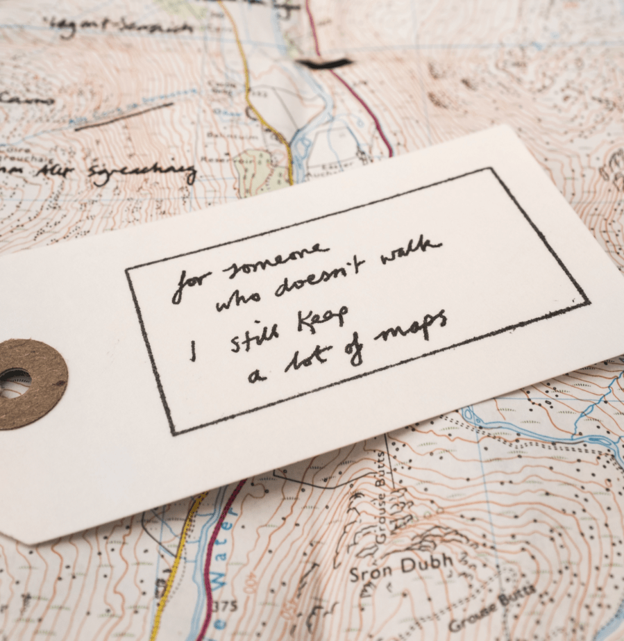 An extract from one of Alun’s poems: ‘for someone / who doesn’t walk / I still have / a lot of maps’, credit: Sam MacDiarmid