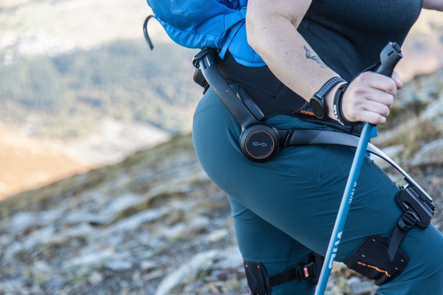 The Hypershell exoskeleton straps around your hips and thighs to give you extra assistance with each step. Credit_ Gary Moore