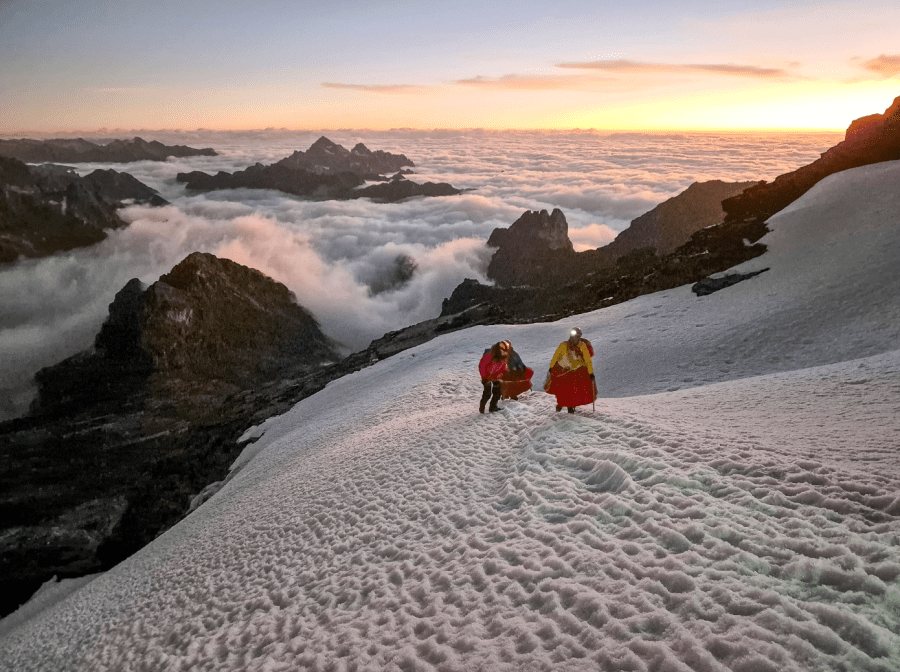 1. *DPS* - Climbing the upper slopes of Pequeño Alpamayo as dawn breaks over the Amazon basin