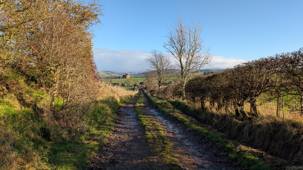 Farm track leading downhill with Cessford Castle visible in the distance