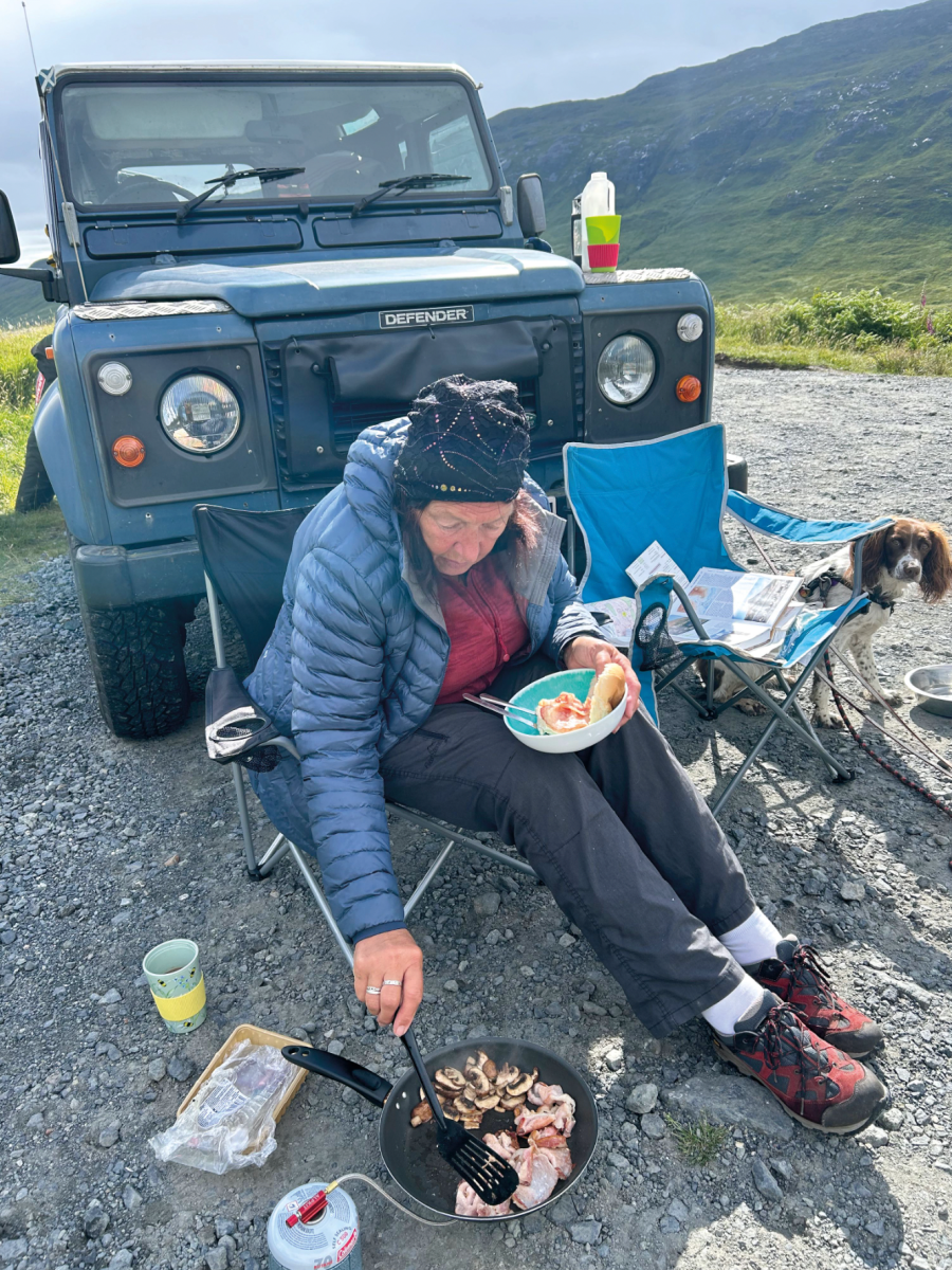 7.Fi and the landy were stellar support on the Isle of Mull where Lorraine suffered the worse weather of the journey. This was the last time there it was possible to cook outside. Credit Lorraine Mccall