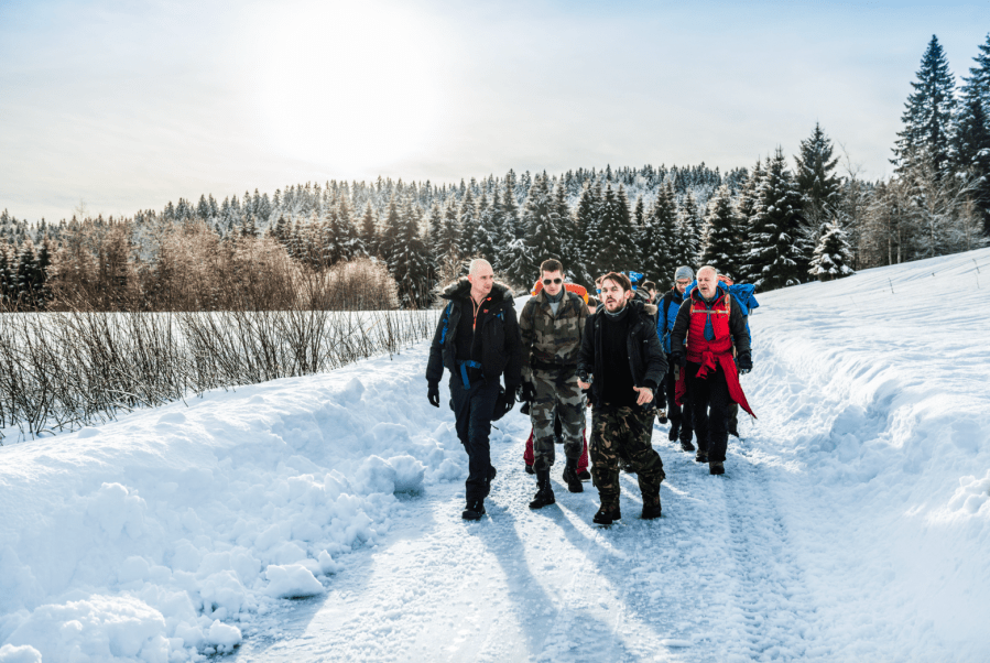 A rare road provides the group with some easy navigation