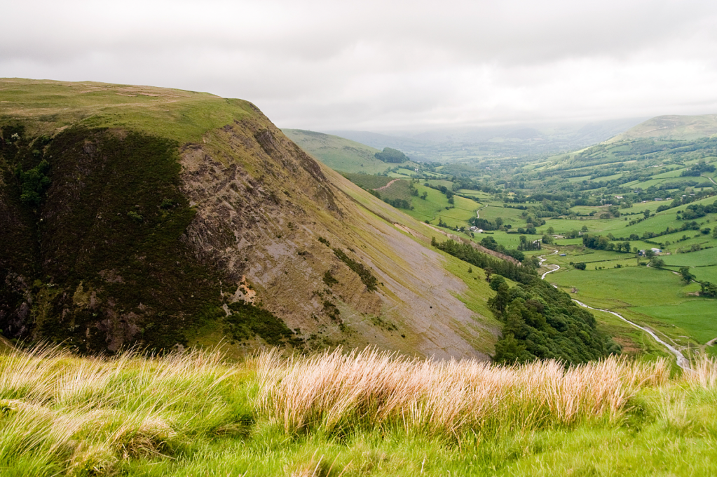 View of Creigiau Pennant from Craig y Maes with Afon Twymyn meandering through the valley below