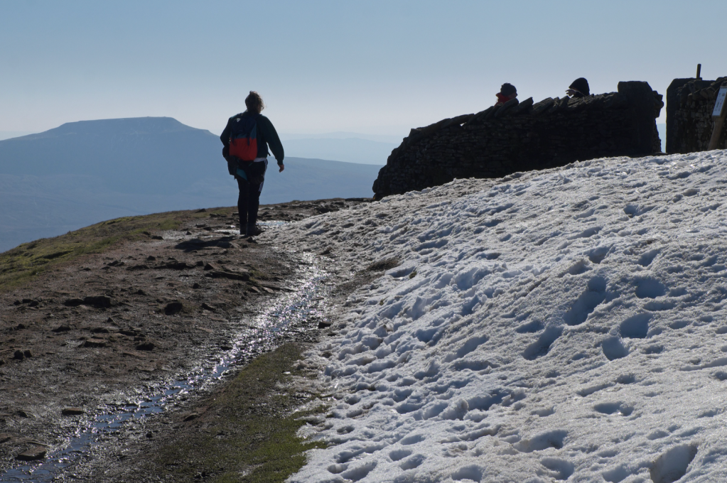 Walker nearing Whernside's summit, with Ingleborough in the distance_VCROW